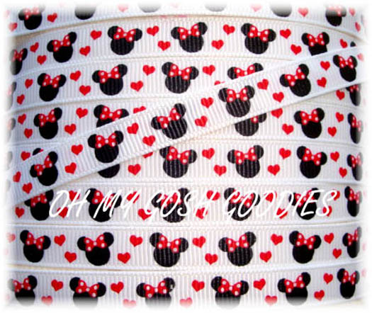 3/8 BITTY MINNIE * HEARTS *  RED BOWS - 5 YARDS