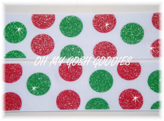 1.5 OOAK WHITE RED GREEN GLITTER DOTS -  2 YARDS