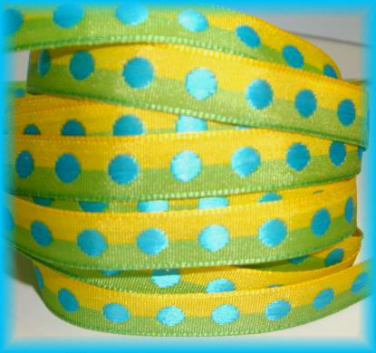 3/8 OOAK LIME YELLOW TURQUOISE DOTS -  40 YARD ROLL