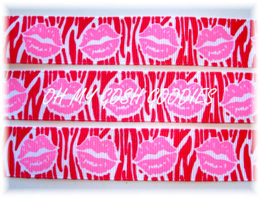 7/8 RIBBON KISSES RED ZEBRA PINK LIPS - 5 YARDS