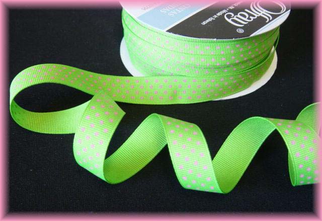 LAST 1 - 25 YARD ROLL SALE - 5/8 OFFRAY LIME / PINK SWISS DOTS