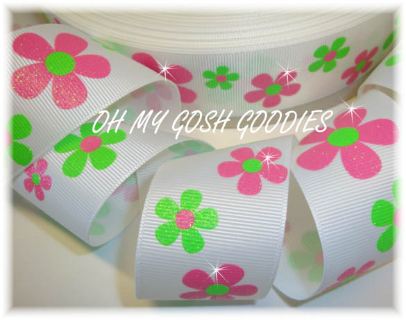 1.5 GLITTER FLOWERS PINK LIME - 5 YARDS