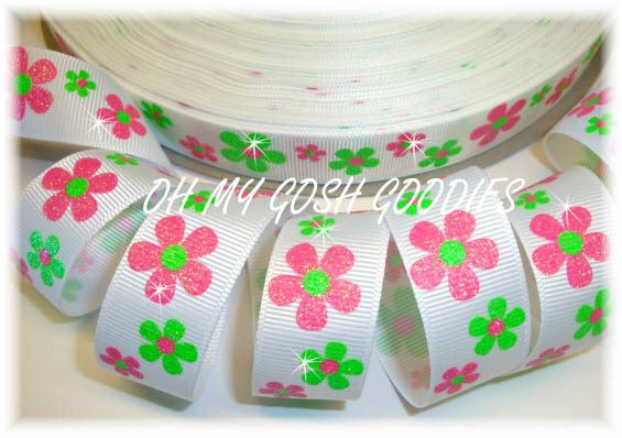 7/8 GLITTER FLOWERS PINK LIME - 5 YARDS