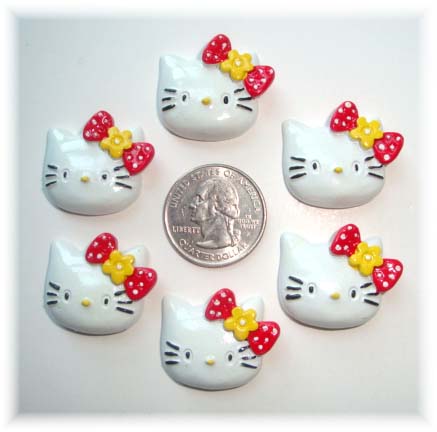 6 PIECE  HELLO KITTY CAT RED BOW RESINS