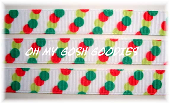 5/8 OOAK SALE RED LIME GREEN TRIO DOTS - 25 YARD ROLL