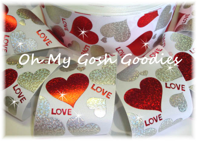 3" HEARTS RED SILVER  LOVE HOLOGRAM WHITE  - 5 YARDS