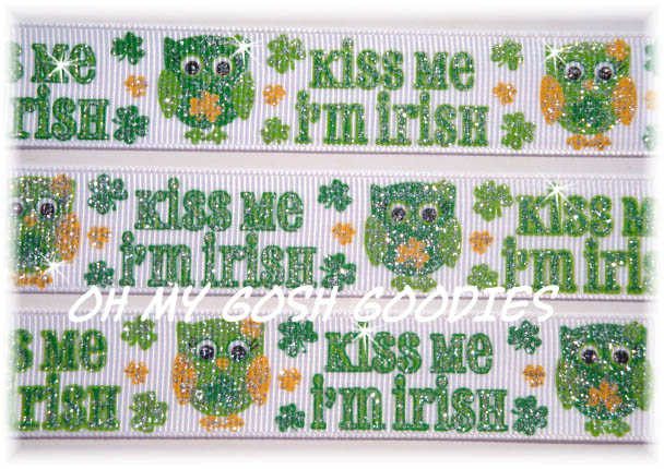 7/8 KISS ME I'M IRISH HOOT OWL GLITTER SHAMROCKS - 5 YARDS