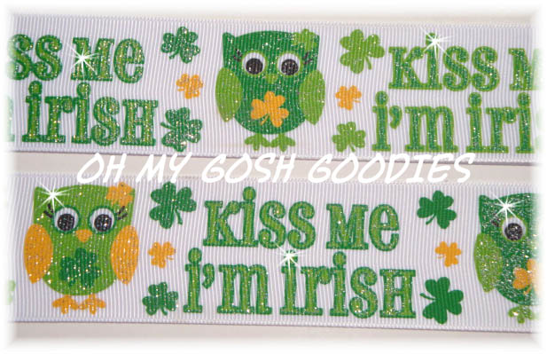 1.5 KISS ME I'M IRISH HOOT OWL GLITTER SHAMROCKS - 5 YARDS