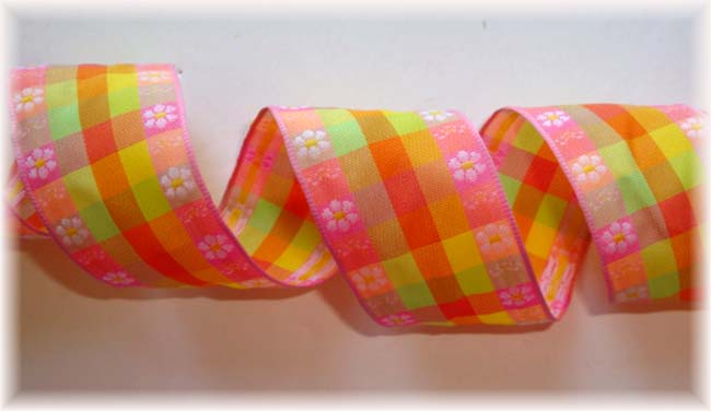 1.5 WIRED PINK LIME YELLOW FLOWER CHECK - 5 YARDS