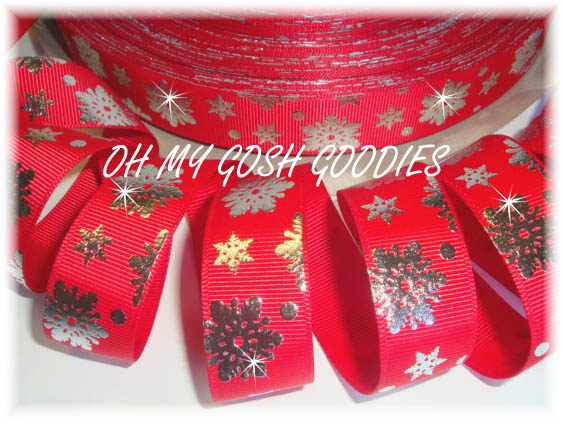 7/8 SILVER BLING SNOWFLAKES RED - 5 YARDS