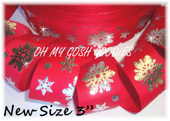 3" SILVER BLING SNOWFLAKES RED - 5 YARDS