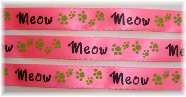 5/8 NEON PINK SATIN MEOW CAT PRINTS - 5 YARDS