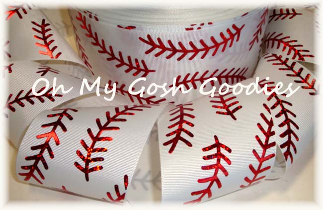 3" OOAK * DOUBLE * RED HOLOGRAM STITCH SOFTBALL WHITE - 4 1/2 YARDS
