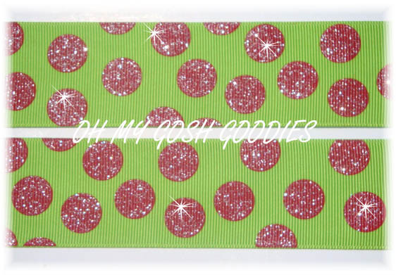 25 YARD ROLL SALE - 1.5 LIME/RED GRINCH GRINCY GLITTER DOTS