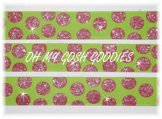 25 YARD ROLL SALE - 7/8 LIME/RED GRINCH GRINCHY GLITTER DOTS